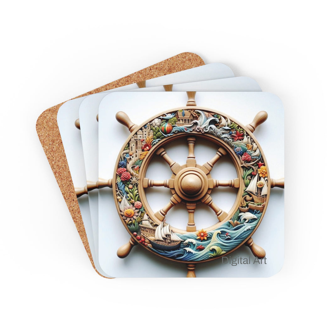 LBM Nautical Ship Wheel Digital Art Corkwood Coaster Set