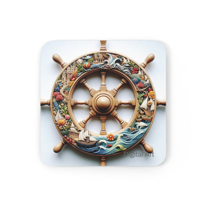 LBM Nautical Ship Wheel Digital Art Corkwood Coaster Set